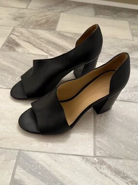 Trenery‎ Black Leather Peep Toe Block Heel Pumps Women's US 8.5 EU 39